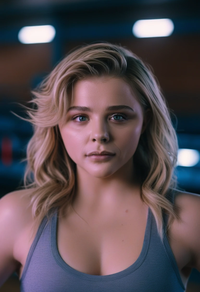 ChloeGraceMoretz, hot, sweaty, portrait, close up of a college Woman Standing in a gym, Extraordinary Trendy hair, specular lighting, F/2.8, Agfacolor, cleavage, sports bra 