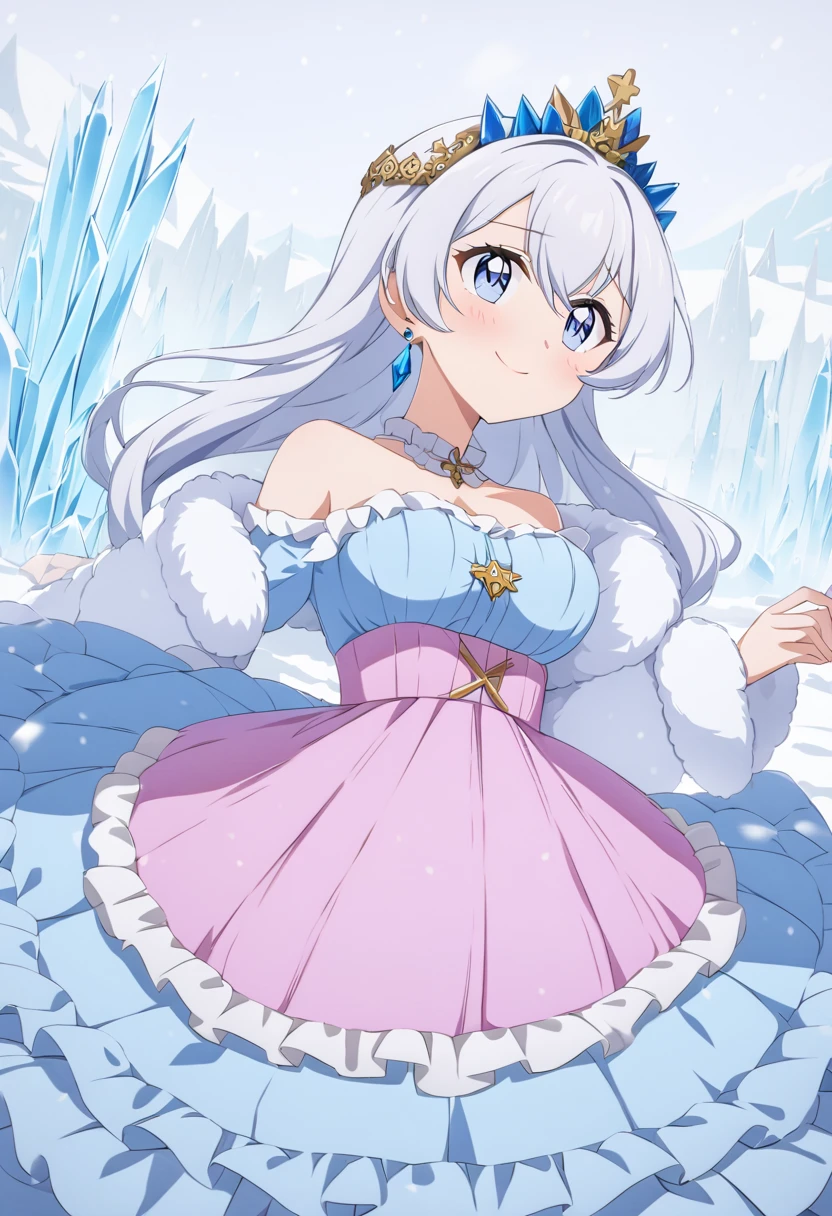 Score_9, score_8_up, score_7_up, score_6_up,1girl, solo, masterpiece, best quality, blushing, cute girl, round breasts, crown made out of ice, pale gray eyes, not smiling, long white hair that covers her eyes, long blue dress, off the shoulder dress, lace, frilly dress, layered dress, holding an ice sword made out of ice, crystal blue earrings, a wall of ice is behind her, snowing, snowy landscape, fur cardigan, vintage anime XL