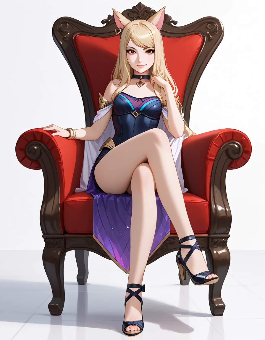 ((full body photo, standing, feet on the ground)) KDA Ahri LoL PD, masterpiece, best quality, (sitting on throne, legs crossed, showing feet, profile photo), highly detailed, score_9, score_8_up, score_7_up, score_6_up, anime font ,BREAK, 2girl, solo, long hair, blue eyes, flower, small breasts, bow, looking at viewer, freckles, parted lips, smile, full body, lips red, lips, leather ballet shoes, side photo, she looks at you, fishnets, white background, neutral cast, gladiator sandal boots: 1.6, fishnet stocking

