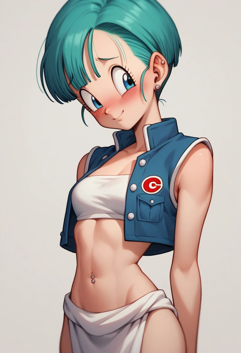 Make a dragon ball video, short hair, medium and round breasts, thin waist, medium ass, fitted blouse, very tight shorts, black color,rebranded thong, crouched 