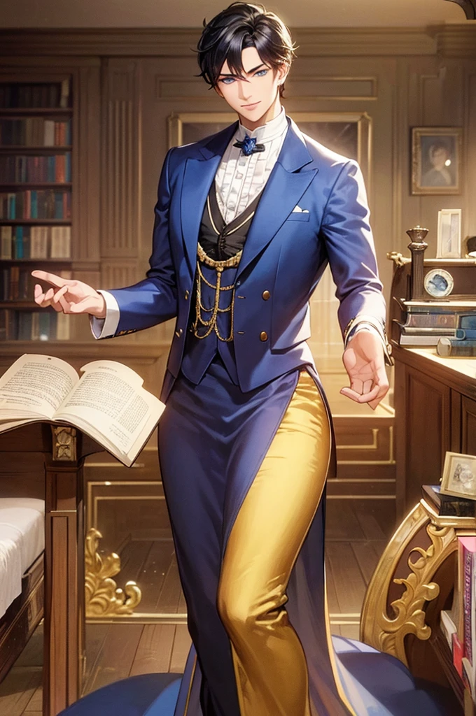 [32k, 8k, ultra detailed image] Victorian era, background of a room with many books, young man with black hair and well-detailed blue eyes, confident and powerful expression, confident smile, 1.3 smile, [image focused on the character's face]