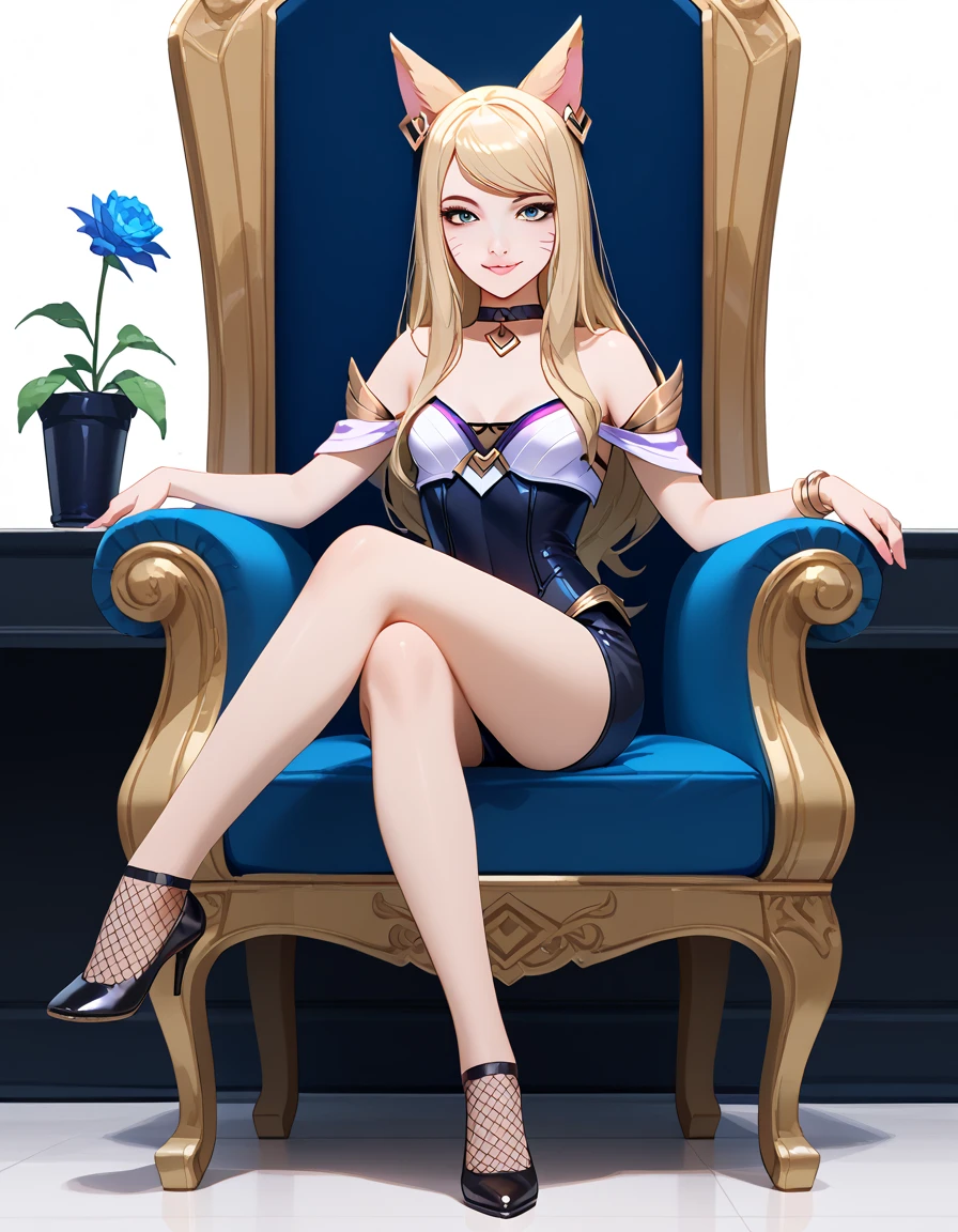 ((full body photo)) KDA Ahri LoL PD, masterpiece, best quality, (sitting on throne, legs crossed, showing feet, profile photo), highly detailed, score_9, score_8_up, score_7_up, score_6_up, anime font ,BREAK, 2girl, solo, long hair, blue eyes, flower, small breasts, bow, looking at viewer, freckles, parted lips, smile, full body, lips red, lips, leather ballet shoes, side photo, she looks at you, fishnets, white background, neutral cast

