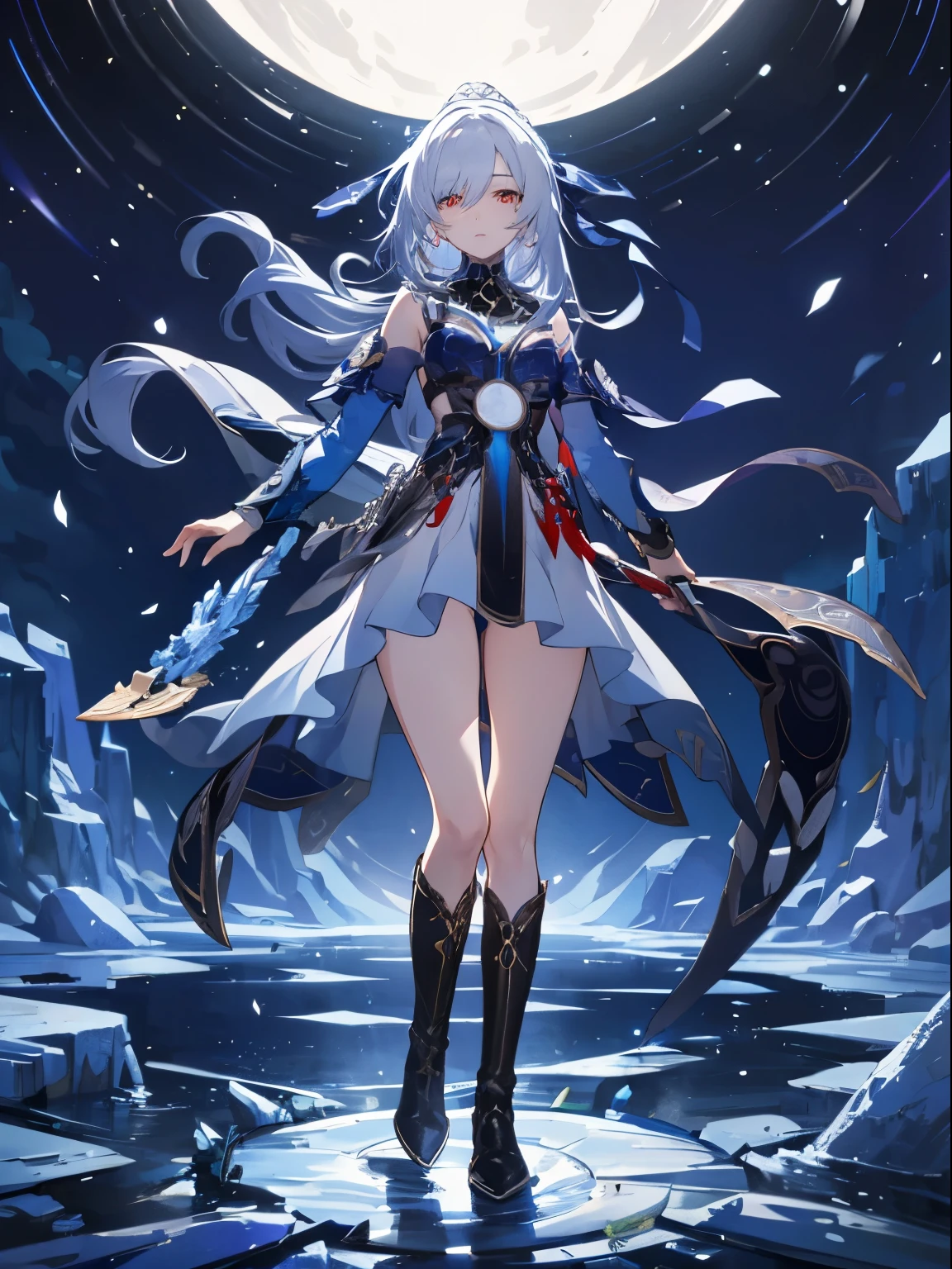 1girll, this \(Collapse: Star Trails\), masterpiece，top-quality，Best Quality, 8K, Masterpiece, Best quality, Ultra-detailed, stand proudly，Red eyes, bare legs, black boots, long white hair, Long legs, no weapons,Stand up, look at the world, be cool, The background is a crescent moon