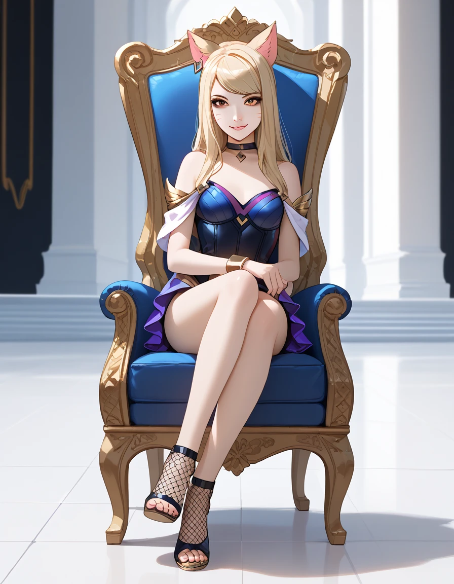 ((full body photo, standing, feet on the ground)) KDA Ahri LoL PD, masterpiece, best quality, (sitting on throne, legs crossed, showing feet, profile photo), highly detailed, score_9, score_8_up, score_7_up, score_6_up, anime font ,BREAK, 2girl, solo, long hair, blue eyes, flower, small breasts, bow, looking at viewer, freckles, parted lips, smile, full body, lips red, lips, leather ballet shoes, side photo, she looks at you, fishnets, white background, neutral cast, gladiator sandal boots: 1.6, fishnet stocking

