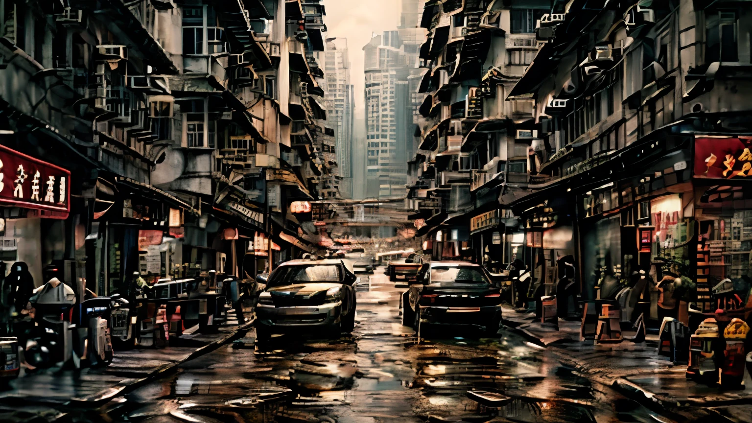 china town matte painting. detailed ground. street details. mud puddles. 