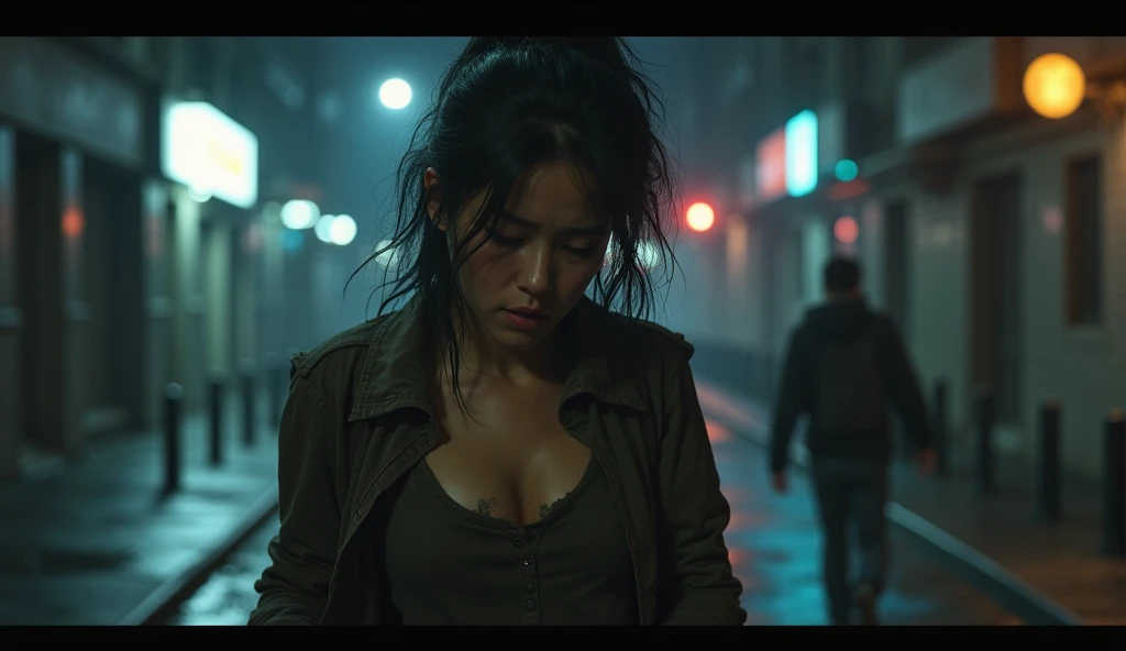 a woman and a in an alley, woman has a stern expression, is crouched and looks scared, dramatic lighting, cinematic composition, (best quality,8k,highres,masterpiece:1.2),ultra-detailed,(realistic,photorealistic,photo-realistic:1.37),cinematic, sunny ambient