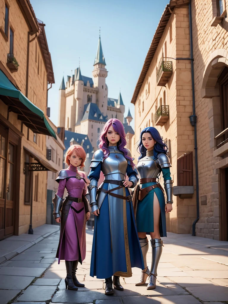 a group of women with colored hair and detailed medieval paladin dress armor, standing, medieval city with castle background