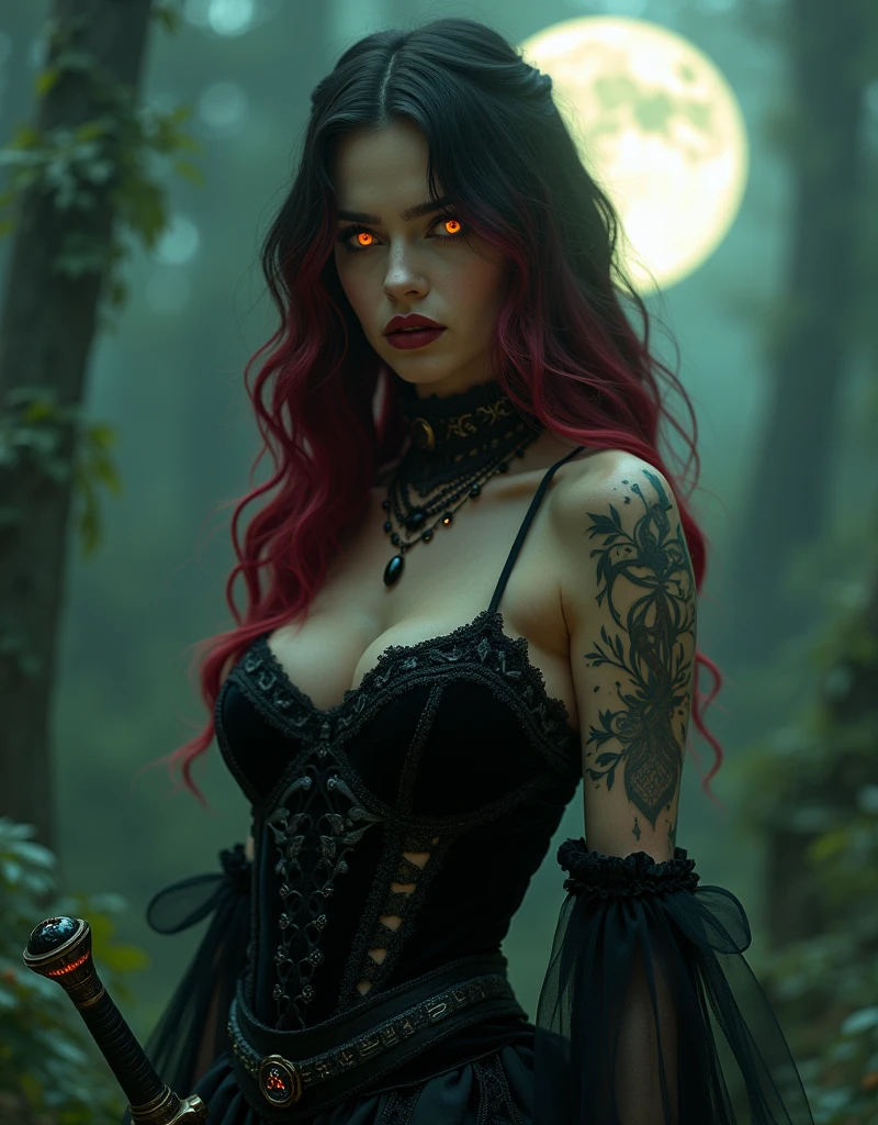 a detailed demonic woman with piercing purple eyes, long flowing red hair, long curved horns pointing upwards, wearing a black dress with adventurous designs along the sides of the legs, cinematic lighting, dark fantasy, highly detailed, photorealistic, 8k, masterpiece