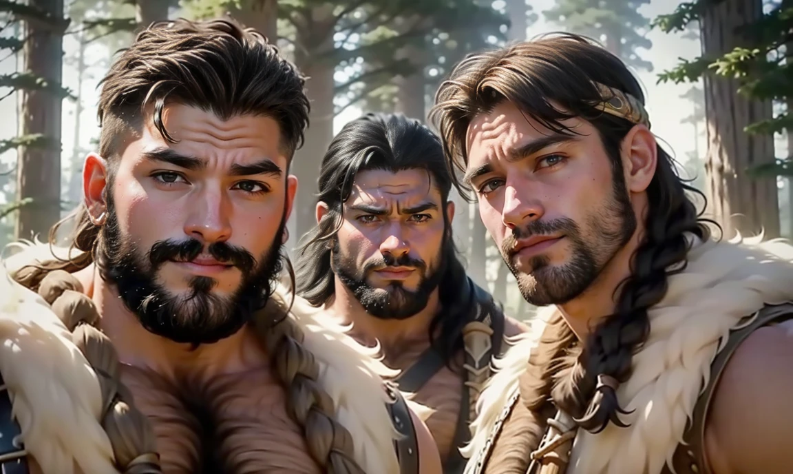 realistic. close-up Group of extremely-hairy hulking sexy Neolithic men wearing fur wraps and carrying Neolithic weapons. very hairy chests. looming over you, looking down at you. suspicious expression. Neolithic forest background.