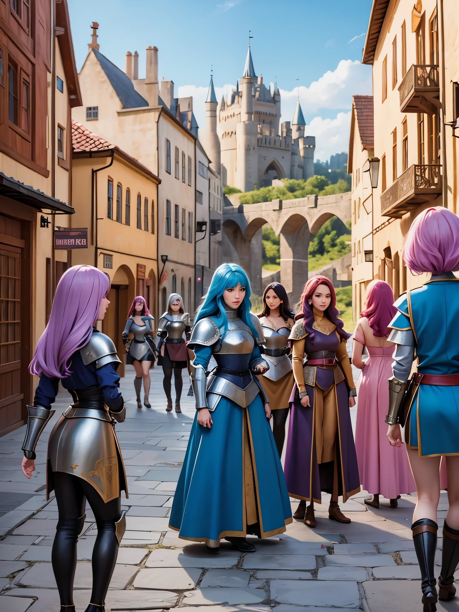 a group of women with colored hair and detailed medieval paladin dress armor, standing, medieval city with castle background