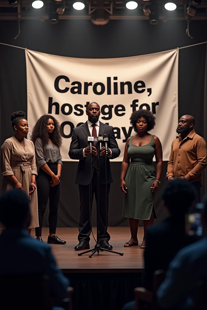 A black woman in a play on stage chubby with her l hair in a low bun in a black dress acting shocked while 5 black people in black clothes on stage point at her with their mouth covered while the audience is around them with the words RING GAME on the screen