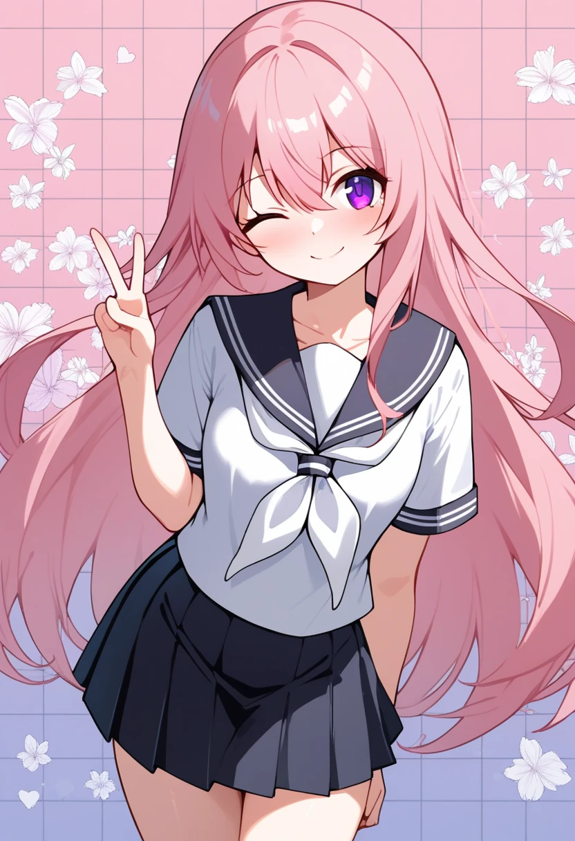 best quality, amazing quality, great quality, absurdres, (nsfw:1.3), 1girl, solo, pink hair, purple eyes, hair between eyes, long hair, black sailor collar, black skirt, school uniform, serafuku, white neckerchief, standing, v, upper body, looking at viewer, floral background, one eye closed, smile, closed mouth, grid background,