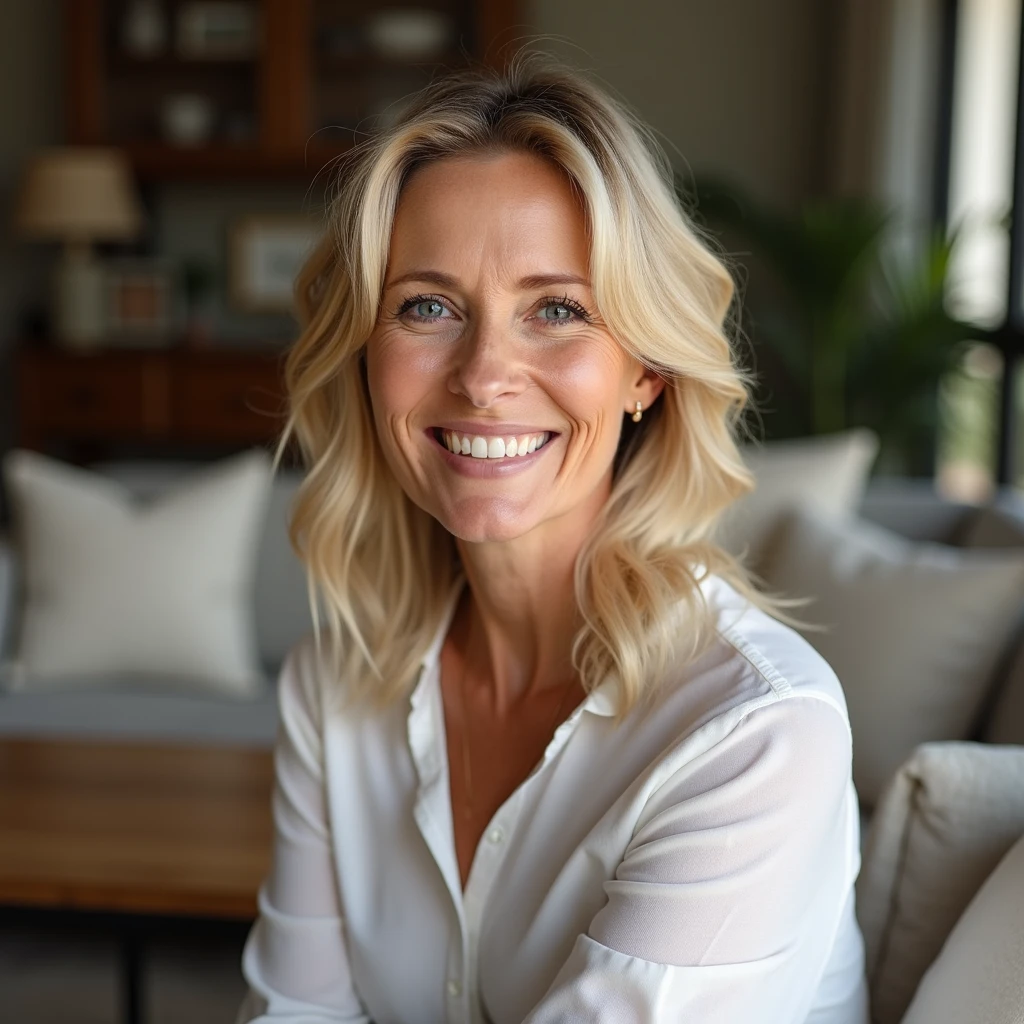 Crée une photo d'une femme nommée Chloé Delamare, experte en lifestyle, mode, déco, et voyages. Elle est dans la quarantaine, avec des cheveux court et un style moderne. Chloé porte une tenue chic, comme une blouse tendance ou une robe élégante. Elle est dans un environnement sophistiqué mais accueillant, entourée de décorations élégantes, d'objets de mode, et de livres de voyage. Elle affiche un sourire confiant et chaleureux, reflétant son expertise et sa passion pour le style et le lifestyle.
