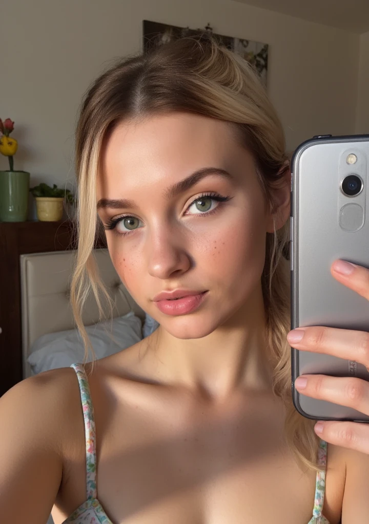 A highly realistic depiction of a young woman with fair skin and light blonde hair tied in a casual ponytail, taking a selfie with a modern smartphone. She has soft freckles on her cheeks, striking light-colored eyes (blue or green), and delicate facial features enhanced by natural makeup with a subtle lip tint. The setting is a cozy, softly lit room with neutral-toned decor. Her pose is relaxed,  The composition emphasizes natural lighting, warm tones, and a candid vibe, making the scene feel authentic and relatable.