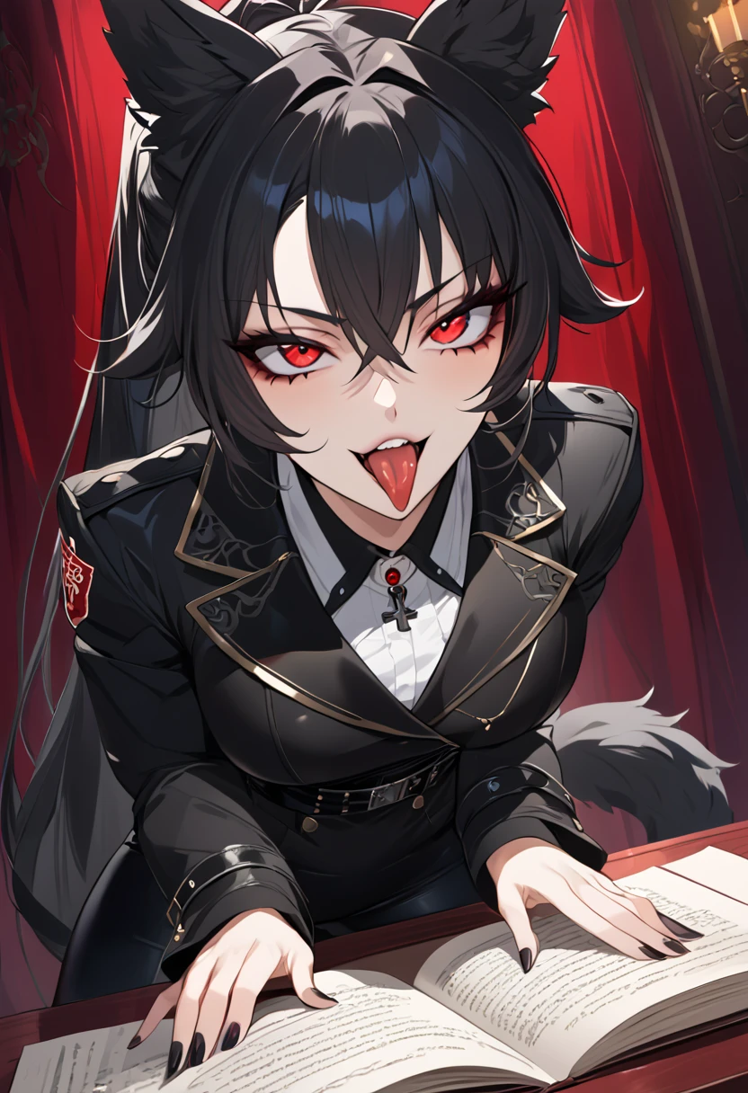 beautiful anime woman wearing a black military trench coat, tight black jeans pants, wolf ears, wolf tail, half wolf and half human, red eye color, black hair in a ponytail, light novel art, detailed anime art, anime, regal, royal, sexy, thicc, beautiful feminine facial features, flirtatious, sultry, slutty, petite, sharp canines, aheago, villain, all black clothing, high quality, very detailed anime art, feminine, slender face, military general vibes, pretty girl, good lighting, red highlights, lewd smile, cute, naughty wolf girl, cross eyed sticking her tongue out like a slut, naughty and silly lewd expression, very horny wolf girl, bad bitch, naughty slut, bad girl, bad bunny, hentai aheago, on her knees, kneeling blowjob, on knees position looking up lewdly, blowjob gesture, very detailed lewd expression, eyes crossed, crossed eyes, silly slut, drunk, dumb lewd expression, stupid whore face, naughty girl