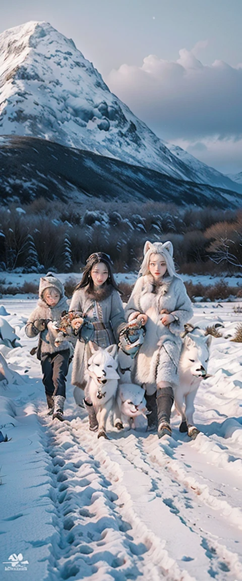 masterpiece、highest quality、High resolution、photorealistic、High resolution、Raw photo、((A family of arctic foxes walking through a snowy field in northern Norway:1.2))、There are only their footprints in the snow、