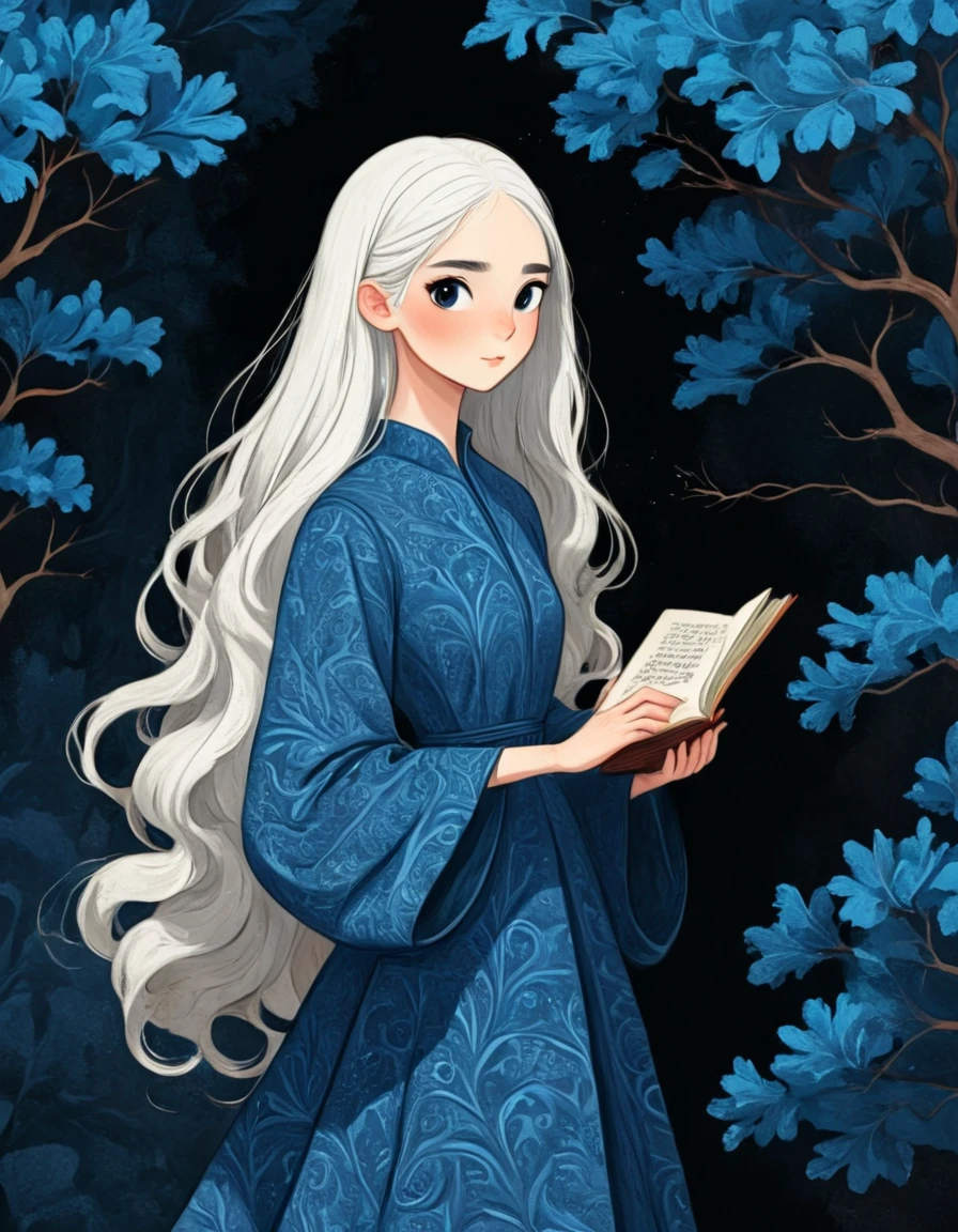 there is a drawing of a woman, full body portrait, standing in a black background with blue trees1.5, long straight white hair:1.5, brown eyes:1.5, vibrant medieval dress, hyper detailed hands, holding an open book: 1.5, a digital painting inspired by Will Barnet, by Magalli Villaneneu, tumblr, Digital Art, solo portrait 🎨🖌️, digital similar to Kemono, digital drawing, Digital Art
, novuschroma69 dual dichotomy swirls and florals  