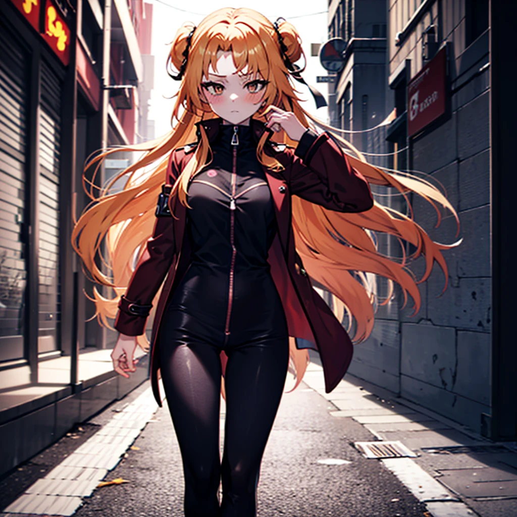 1girl, blond_hair, long_hair, bangs, Orange_eyes, two_side_up, hair_over_one_eye, blush, medium_breasts, grey_trench_coat, Black_trousers, pale skin, Kali_The_Red_Mist