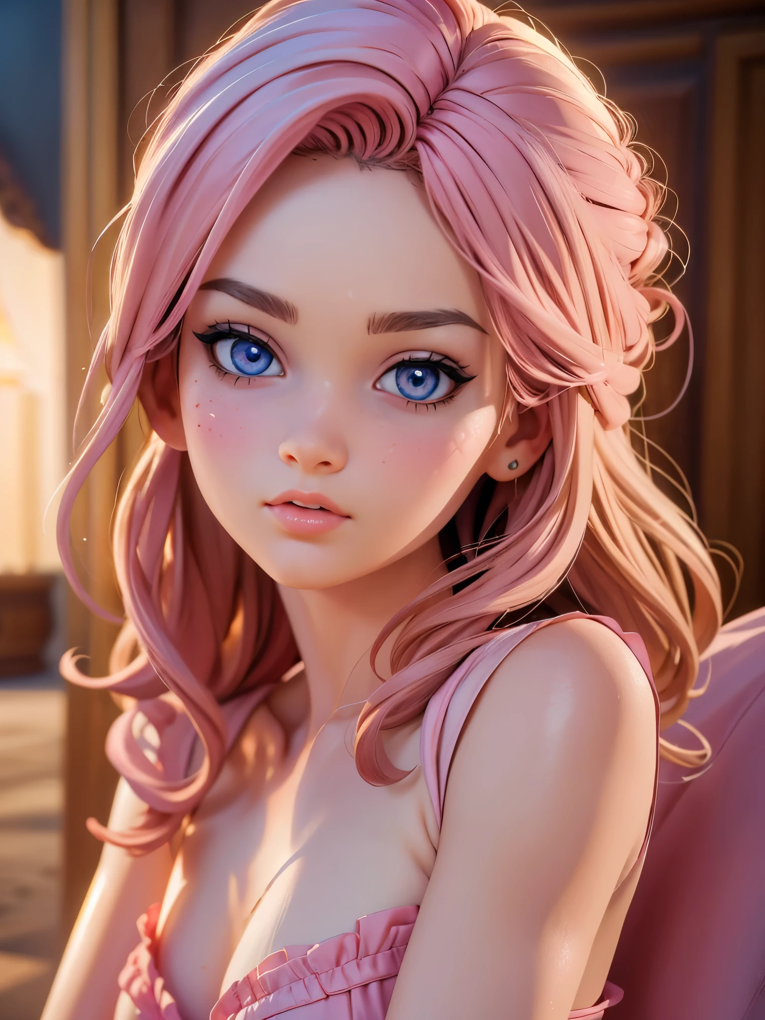 8K, Best Quality, Masterpiece, Ultra High Resolution, (Realism: 1.4), Original Photo, (Realistic Skin Texture: 1.3), (Film Grain: 1.3), (Selfie Angle), 1 Girl, Pink Clothes, Sapphire Color Eyes and Beautiful Face Details, Masterpiece, Best Quality, Close Up, Upper Body