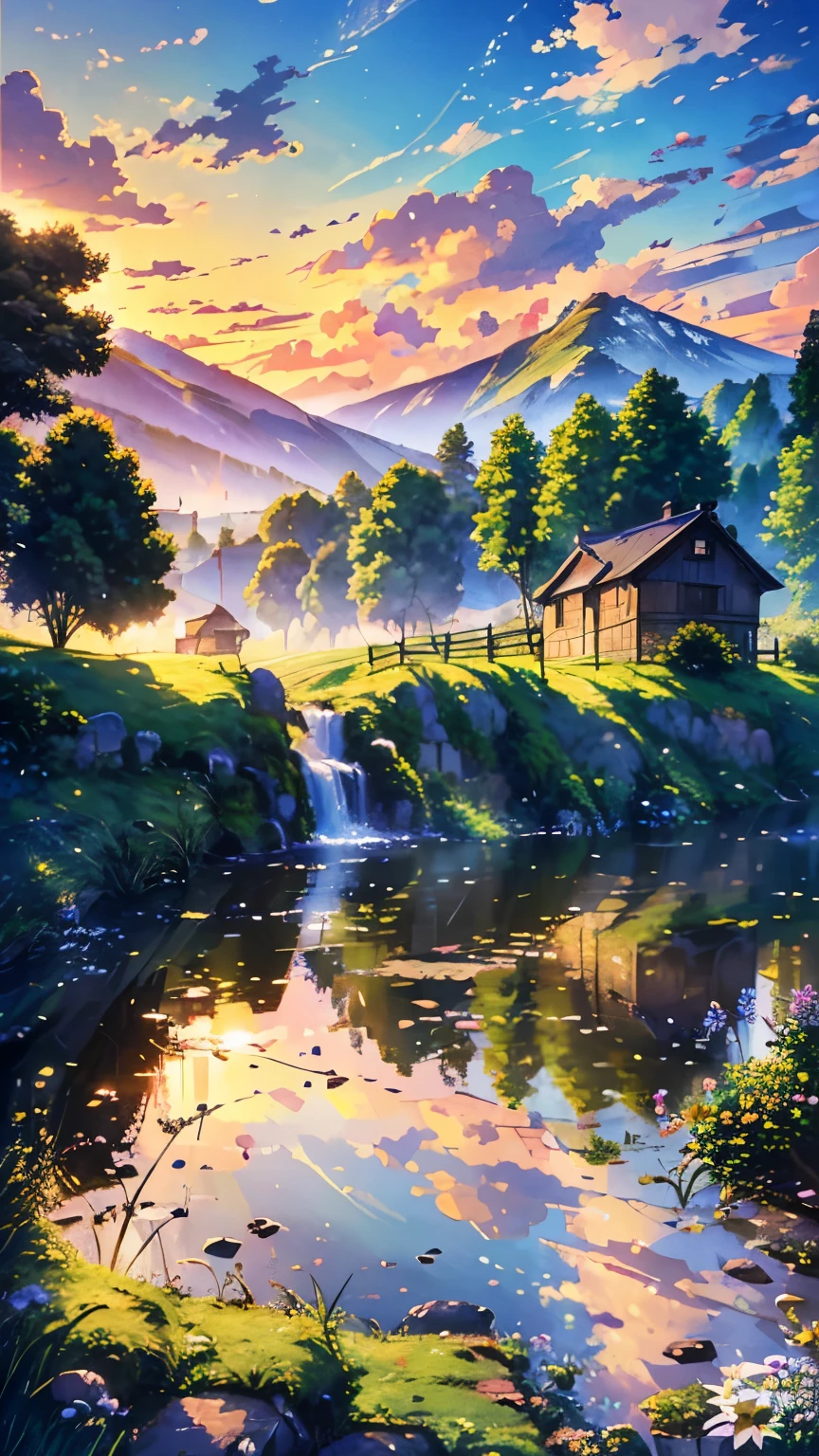 a beautiful serene landscape, rolling green meadows, small town nestled in the distance, sky filled with vibrant colors, Ghibli-esque digital art, highly detailed, cinematic composition, stunning lighting, photorealistic, award winning digital painting, masterpiece, dramatic lighting, soft colors, dreamlike atmosphere, (best quality,4k,8k,highres,masterpiece:1.2),ultra-detailed,(realistic,photorealistic,photo-realistic:1.37)