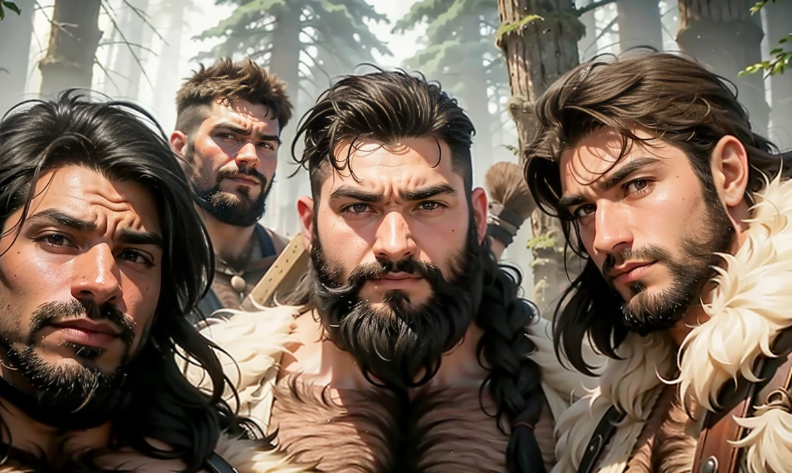 realistic. close-up Group of extremely-hairy hulking sexy Neolithic men wearing fur wraps and carrying Neolithic weapons. wild unkempt hair and thick prominent eyebrows like a caveman. very hairy chests. looming over you, crowding you, looking down at you. suspicious expression. Neolithic forest background.