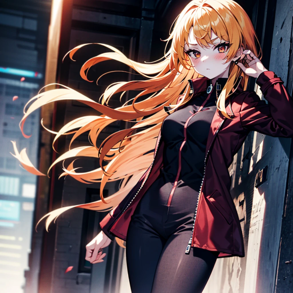 1girl, blond_hair, long_hair, bangs, Orange_eyes, two_side_up, hair_over_one_eye, blush, medium_breasts, grey_trench_coat, Black_trousers, pale skin, Kali_The_Red_Mist