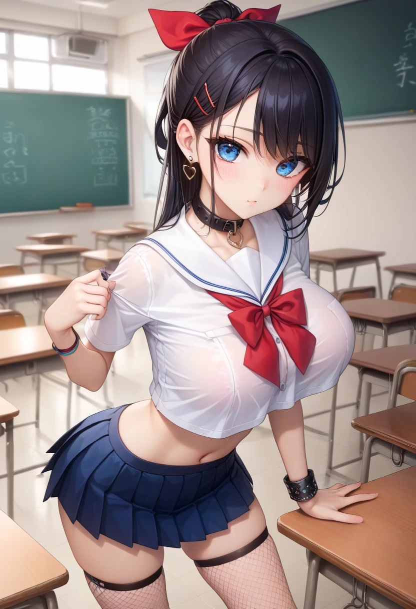 core_9, score_8_up, score_7_up, score_6_up,1girl, solo, masterpiece, best quality, blushing, cute girl, round breasts, a blouse with a sailor-style collar, featuring a large collar flap, paired with a black pleated skirt, short skirt, the blouse has a red ribbon tied at the front that loops through a collar attachment, with the most common colors being navy blue, white, and grey, stud earrings, hair up in a ponytail, black hair with blonde highlights, fishnet stockings, Japanese School Classroom, blue eyes, spiky black bracelet, spiky black necklace