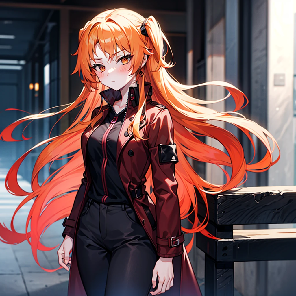 1girl, blond_hair, long_hair, bangs, Orange_eyes, two_side_up, hair_over_one_eye, blush, medium_breasts, grey_trench_coat, Black_trousers, pale skin, Kali_The_Red_Mist