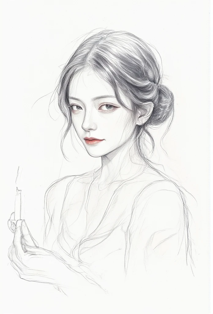 A delicate and minimalist pencil sketch of a serene young woman holding a small lit candle. The candlelight casts a soft, warm glow on her face and shoulders, highlighting her gentle expression and slightly parted lips. Her messy, loosely tied hair is sketched with fine lines, blending with the ethereal lighting. The background is simple and neutral, enhancing the focus on her and the candle. The overall style blends line art with soft golden illumination, creating a mystical and intimate ambiance.