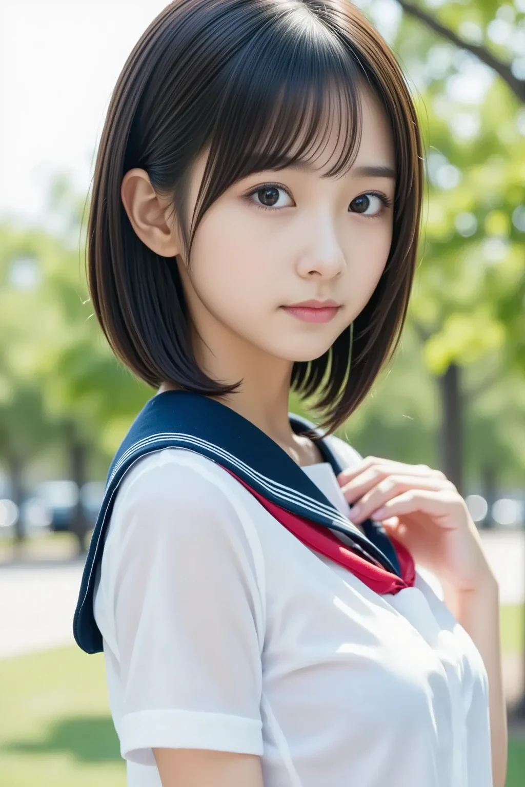 (  Masterpiece ,  best quality:1.2),  1 girl , Alone, (A very cute idol-like face), Beauty, Beautiful figure,  Glossy Black Hair 、 Medium Straight Hair, (Sailor school uniform), A beautiful park in the background、