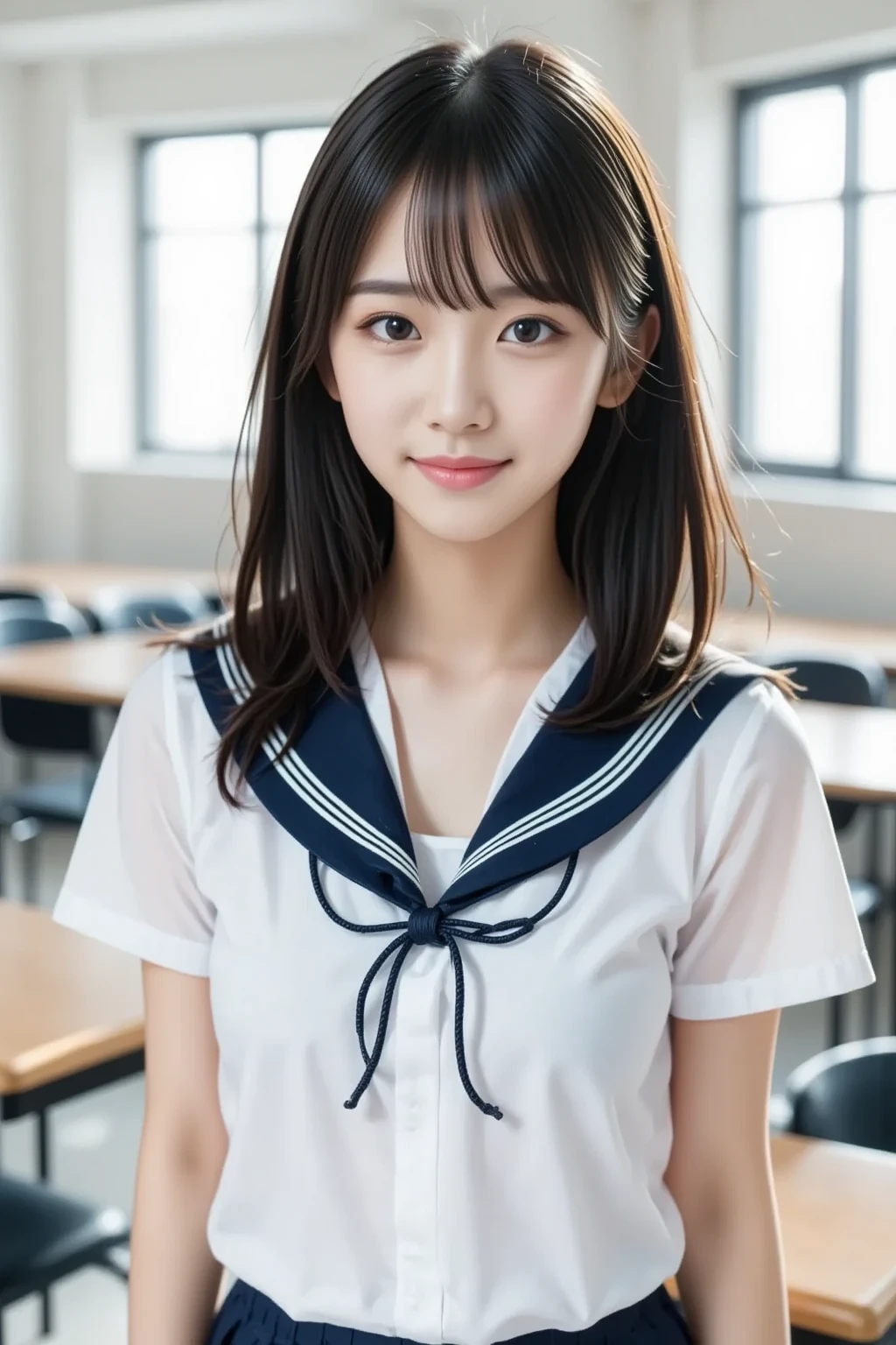 (  Masterpiece ,  best quality:1.2),  1 girl , Alone, , ( with a very cute idol-like face), Beauty, Beautiful figure,  Glossy Black Hair 、 Medium Straight Hair, (Sailor school uniform), smile, (The background is a girls' school classroom )、