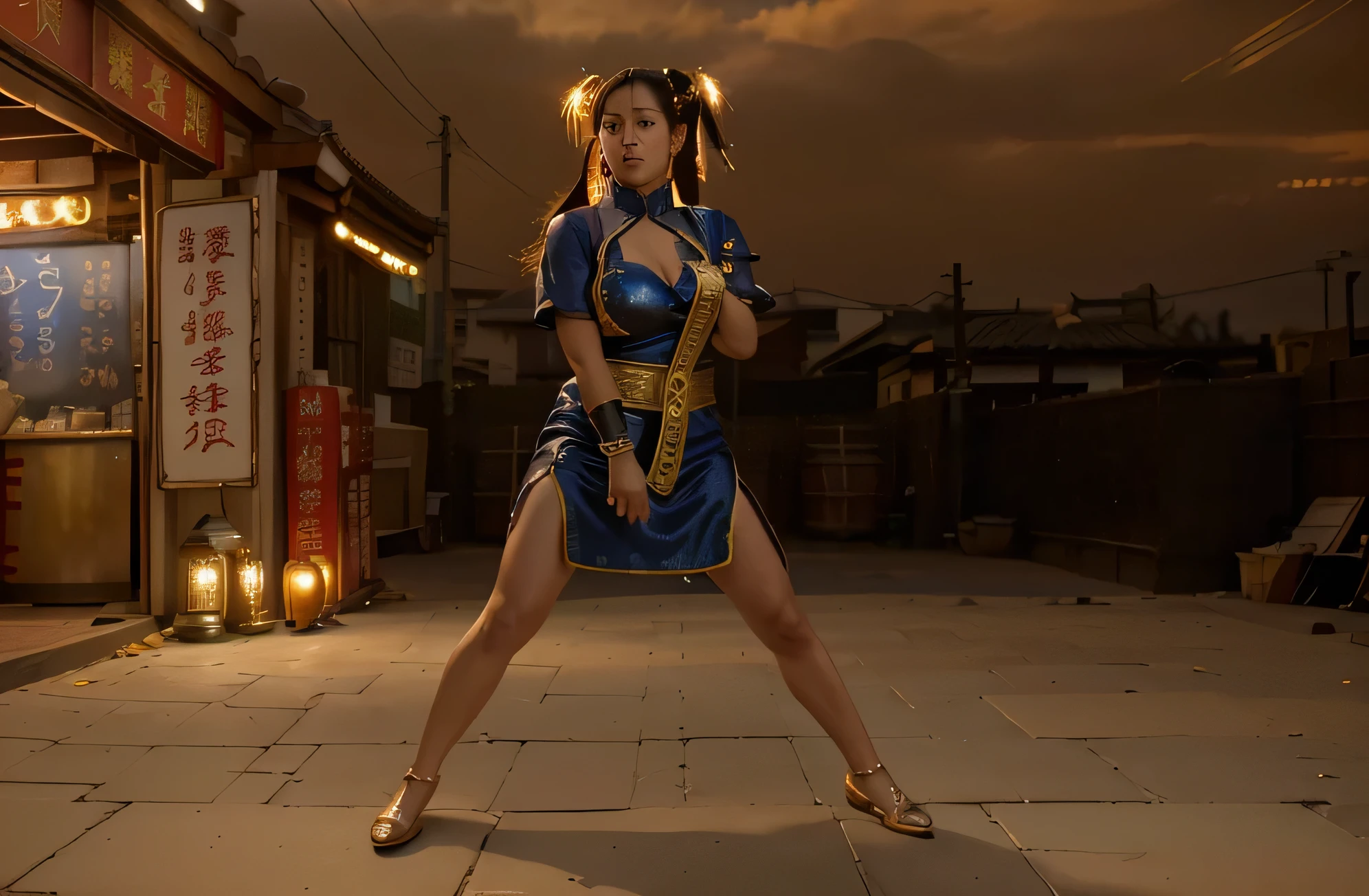 A Chun-Li from Street Fighter , Hyperrealistic, Masterpiece, Blue Dress, White Shoes, in a Chinese Street, fighting stance, 8k, full body, detailed and intrincicated, Perfect face, perfect eyes, perfect body, Perfect hands, Perfect Fingers, Smiling.