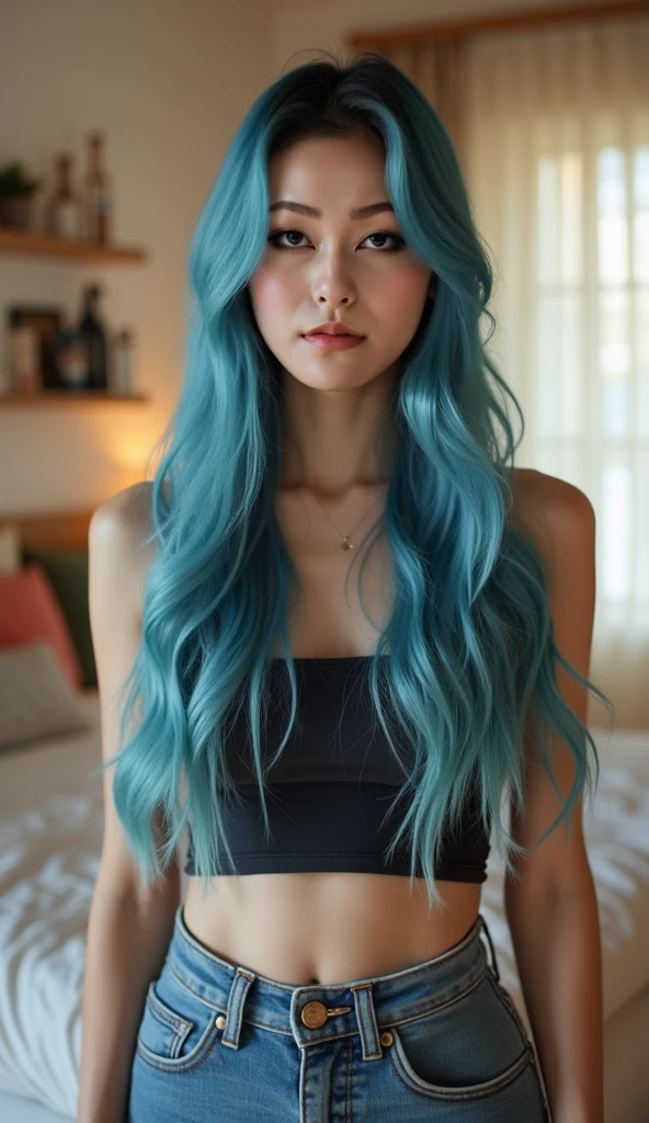 A full-body photo of a young Asian woman with fair skin and long, straight blue hair, standing confidently in her bedroom. She has almond-shaped eyes accentuated with black eyeliner and wears a septum piercing, adding a modern touch to her style. Her lips are full, slightly glossy with  lipstick, and her eyebrows are well-defined. She is wearing casual yet stylish clothing, like a fitted crop top and jeans or a comfortable dress. The bedroom is cozy, with a neatly made bed, soft lighting, a bedside table, and decorative elements like cushions and books. The atmosphere is warm and inviting.