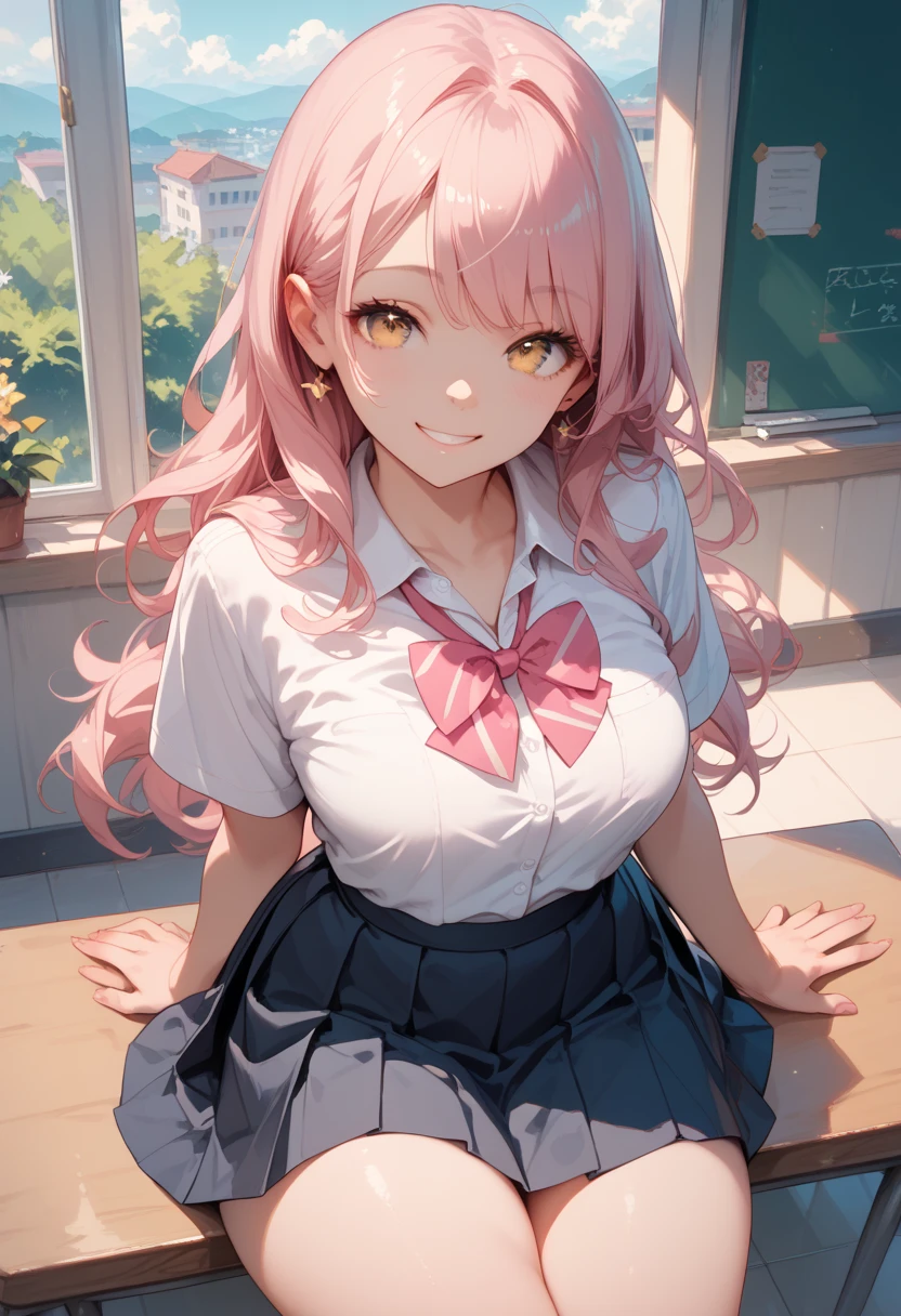 (masterpiece), best quality, expressive eyes, perfect face, (Belle Delphine in a classroom), (classroom window background), (sitting on desk), (closeup view), (smirk), (1girl, age 18+, Belle Delphine, Belle delphine Face, fair skin, light-pink hair, long wavy hairstyle, blue eyes, hourglass figure, thin body, skinny body, body, short height, small breasts, wide hips, thick thighs), (tight fit outfit, extra small outfit, white button shirt, short sleeve, exposed cleavage, red plaid pleated skirt, white stockings), belledel