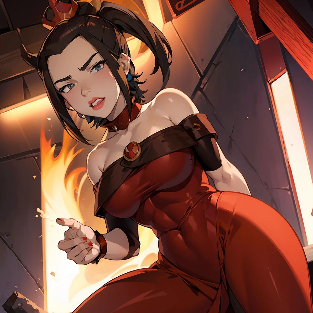 Azula cosplaying as Browsete, big breasts, thin waist and thick thighs , Pink and red outfit 