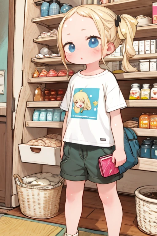  1 Young Girl ， showing wearing shorts ,  Oversized White Print Tee，BeatriceＲand:zero，Very short stature， flat chested，dandlicatand facand、No smiles， blonde alone，