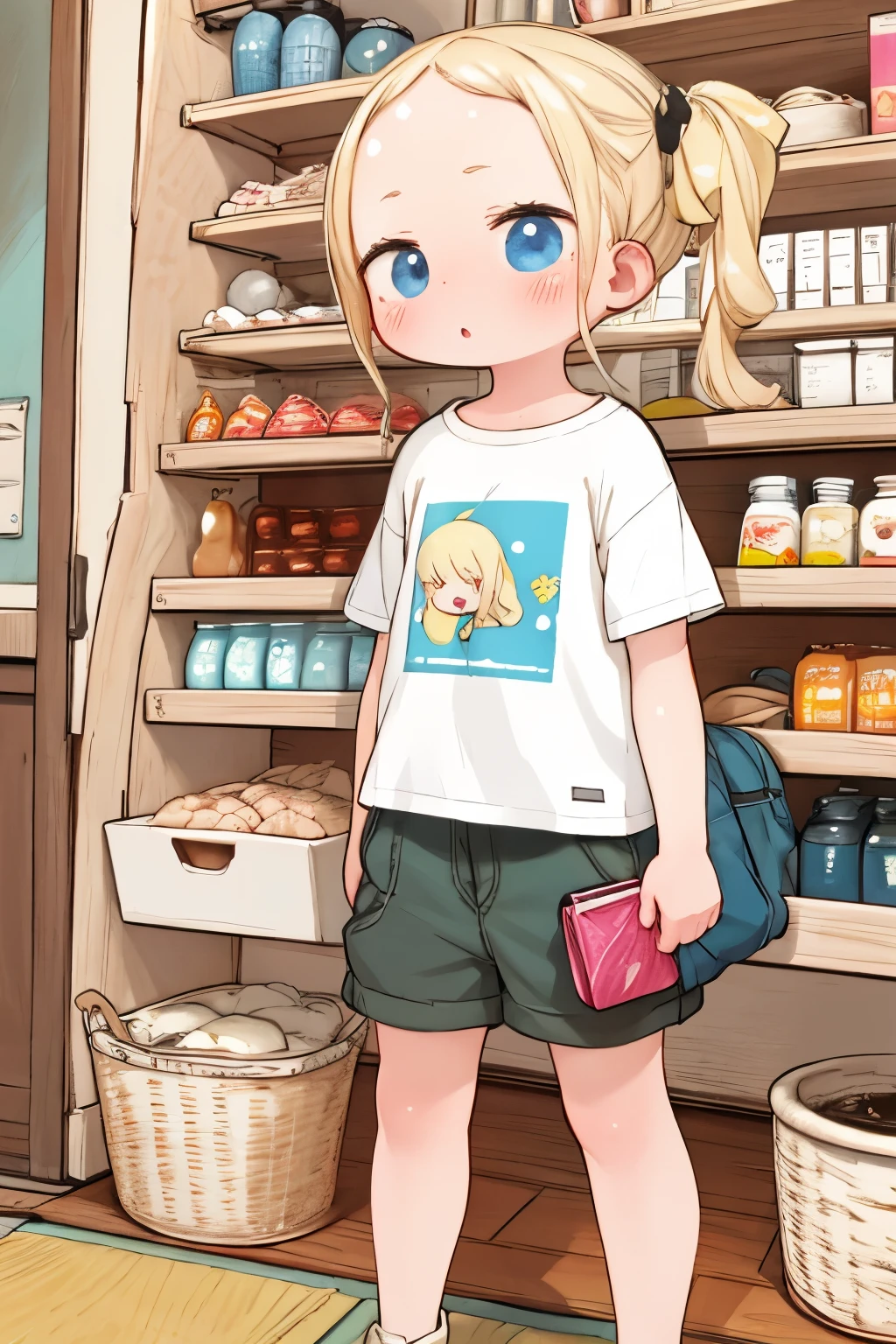  1 Young Girl ， showing wearing shorts ,  Oversized White Print Tee，BeatriceＲand:zero，Very short stature， flat chested，dandlicatand facand、No smiles， blonde alone，