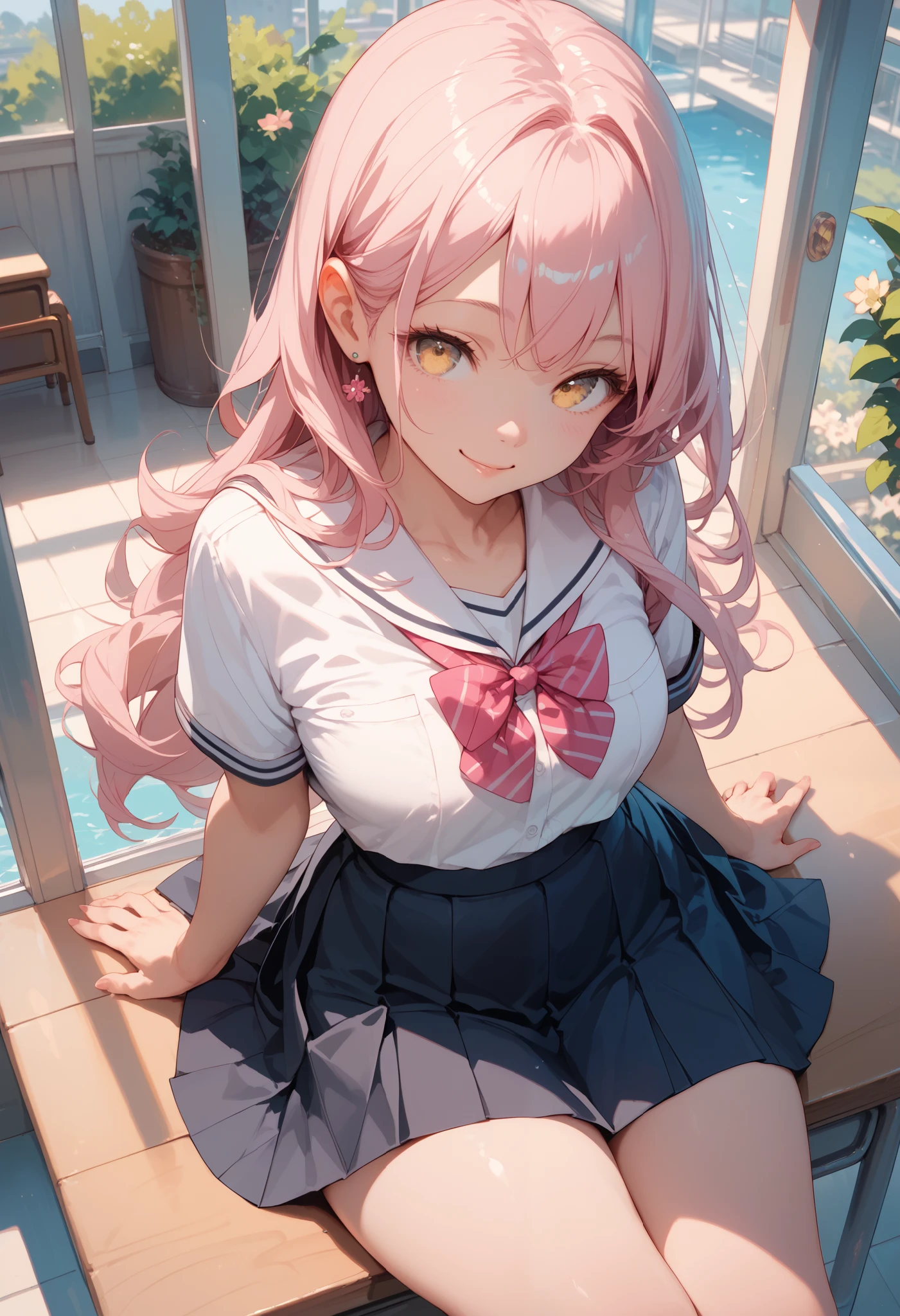 (masterpiece, best quality), 1girl, solo, cute, yellow eyes, pink long hair, white top, black skirt, class, school uniform, thick thighs, sexy, smile, view from above