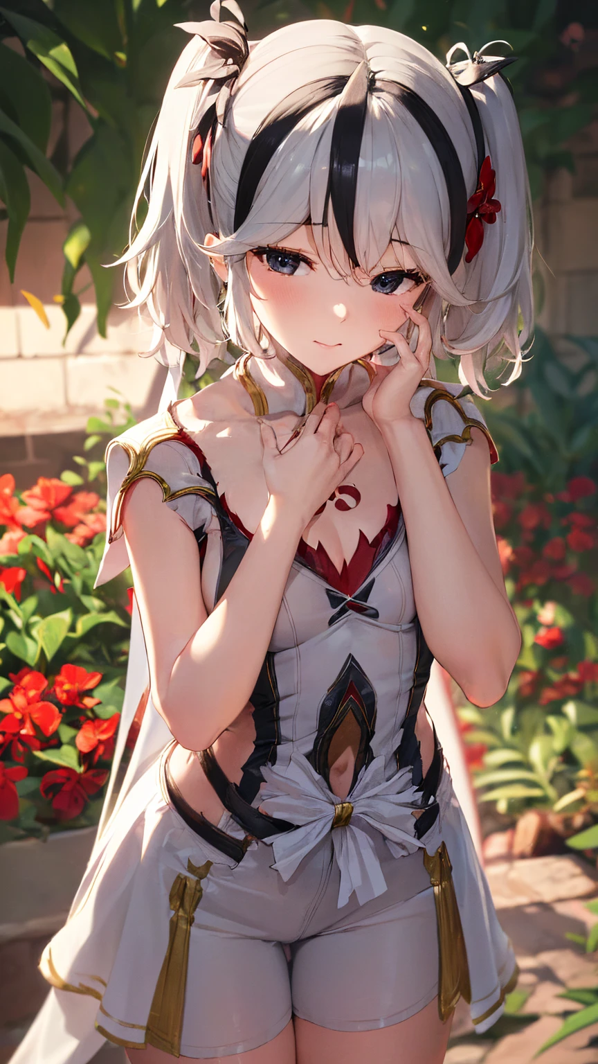 (super fine illustration, masterpiece, best quality, depth of field, ultra detailed), (Front view), 1 girl, alone, looking at the viewer, (hand on own face), perfect face, naughty face, Stand, black eyes, twintails, hair flower,hair ornament,white hair,streaked hair,