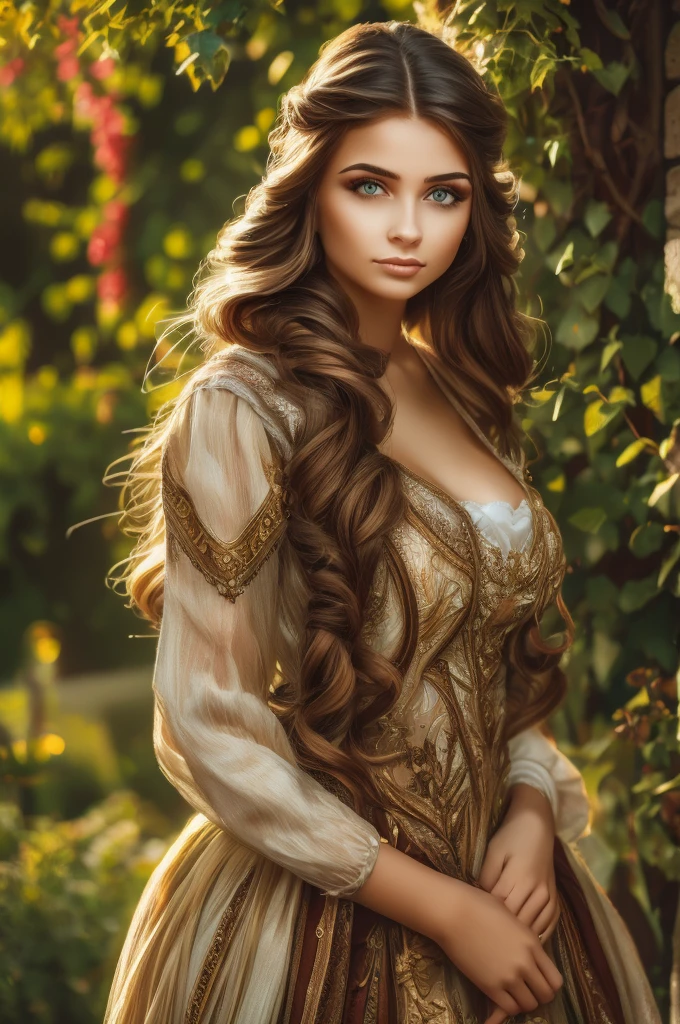 a beautiful young woman, detailed eyes, detailed lips, long eyelashes, flowing hair, elegant dress, standing in a lush garden, sunlight, warm color palette, photorealistic, 8k, highres, masterpiece, digital art