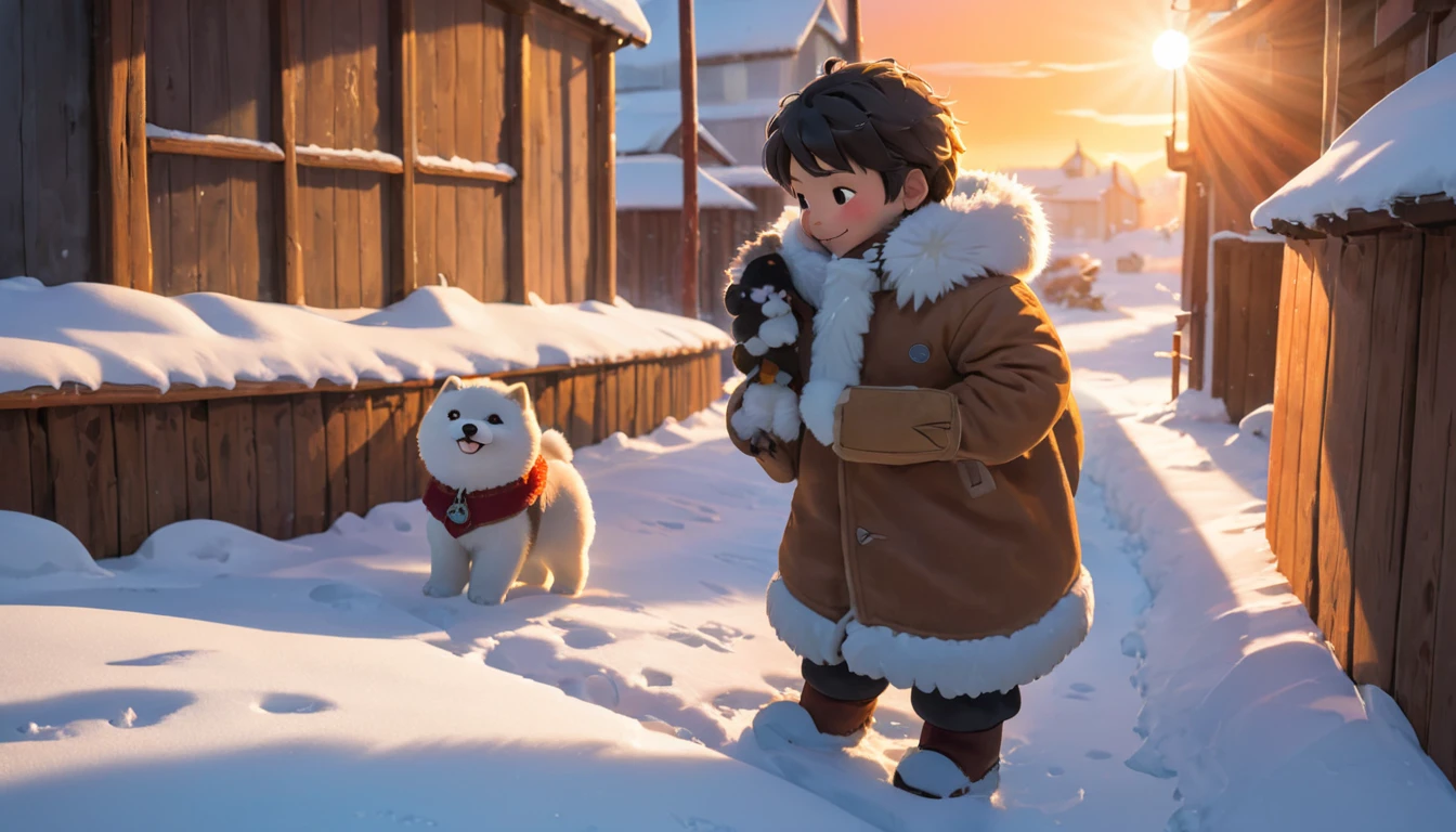 A little boy in winter clothes and dog,Snow
