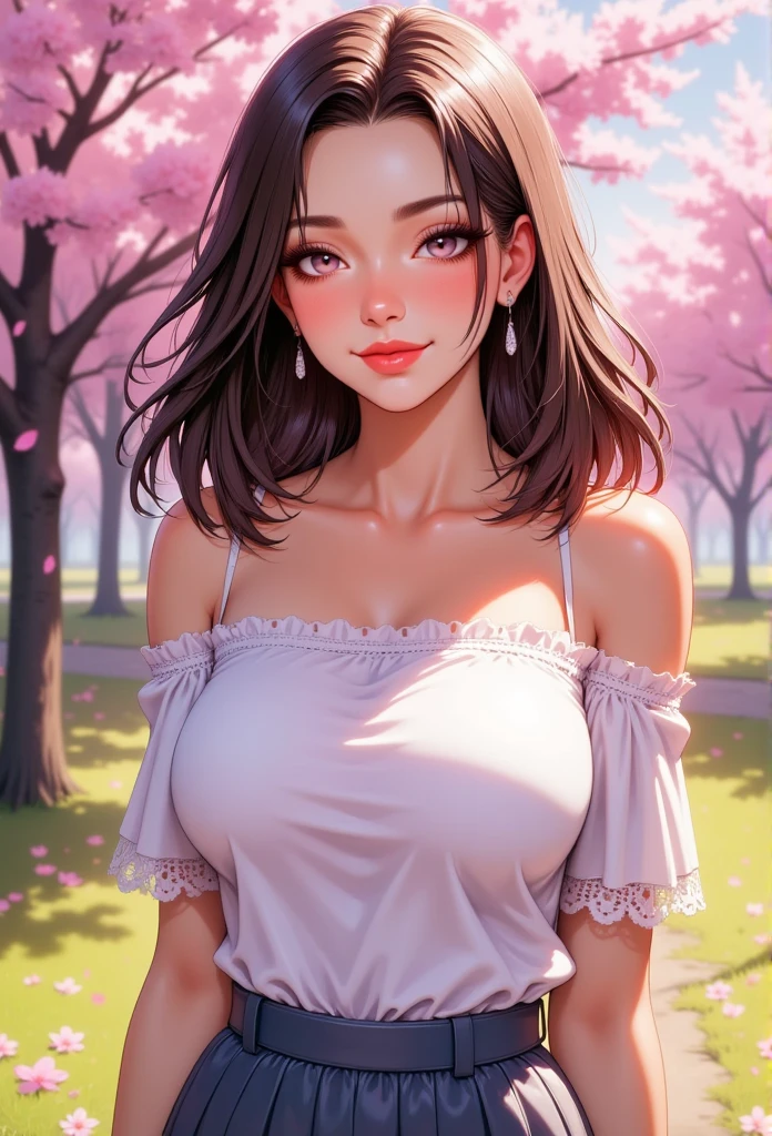 A close-up illustration of a manga-style woman with a curvy slightly  overweighted woman, emphasizing her natural beauty. She has shoulder-length wavy hair and large expressive eyes, with a soft and confident smile. She is wearing a casual outfit, such as a light off-the-shoulder top and a flowing skirt, with delicate details like lace or small floral patterns. The background features a warm, sunny park scene with cherry blossoms in full bloom, petals softly floating around her. Use pastel colors and soft shading typical of romantic manga.