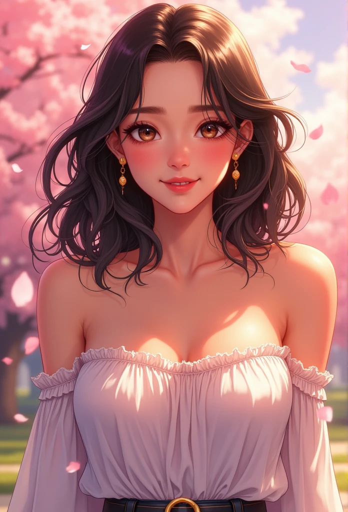 A close-up illustration of a manga-style woman with a curvy  overweighted woman, emphasizing her natural beauty. She has shoulder-length wavy hair and large expressive eyes, with a soft and confident smile. She is wearing a casual outfit, such as a light off-the-shoulder top and a flowing skirt, with delicate details like lace or small floral patterns. The background features a warm, sunny park scene with cherry blossoms in full bloom, petals softly floating around her. Use pastel colors and soft shading typical of romantic manga.