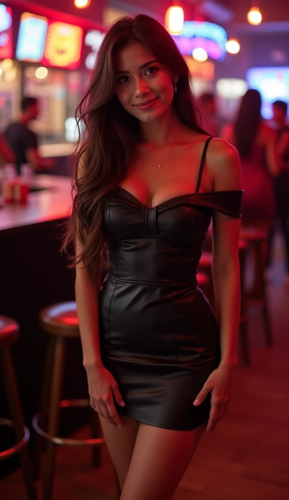 Una chica muy sexy, long light brown hair, ojos azul ,muy sexy y realista , cuerpo entero , esta parada ,lleva puesto un vestido corto con zapatos y ella esta en un bar con una copa de vino ,la muestra al telespectador y esta contenta . ,CUERPO ENTERO y muestra la copa de vino que tiene en la mano