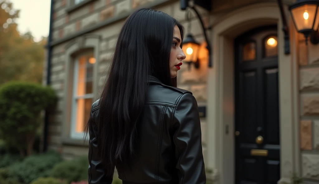  Luis Royo Style young woman, black leather rock style, very white skin, black long hair, red color lipstick on her lips, Luis royo, you see her from behind, she stands in front of the door of A nice old britisch house.  a wealthier part of the town, with elegant, well-kept stone buildings. Dim golden light spills from a few windows, hinting at life within.  The scene is set in a warm summer atmosphere with soft, golden light.