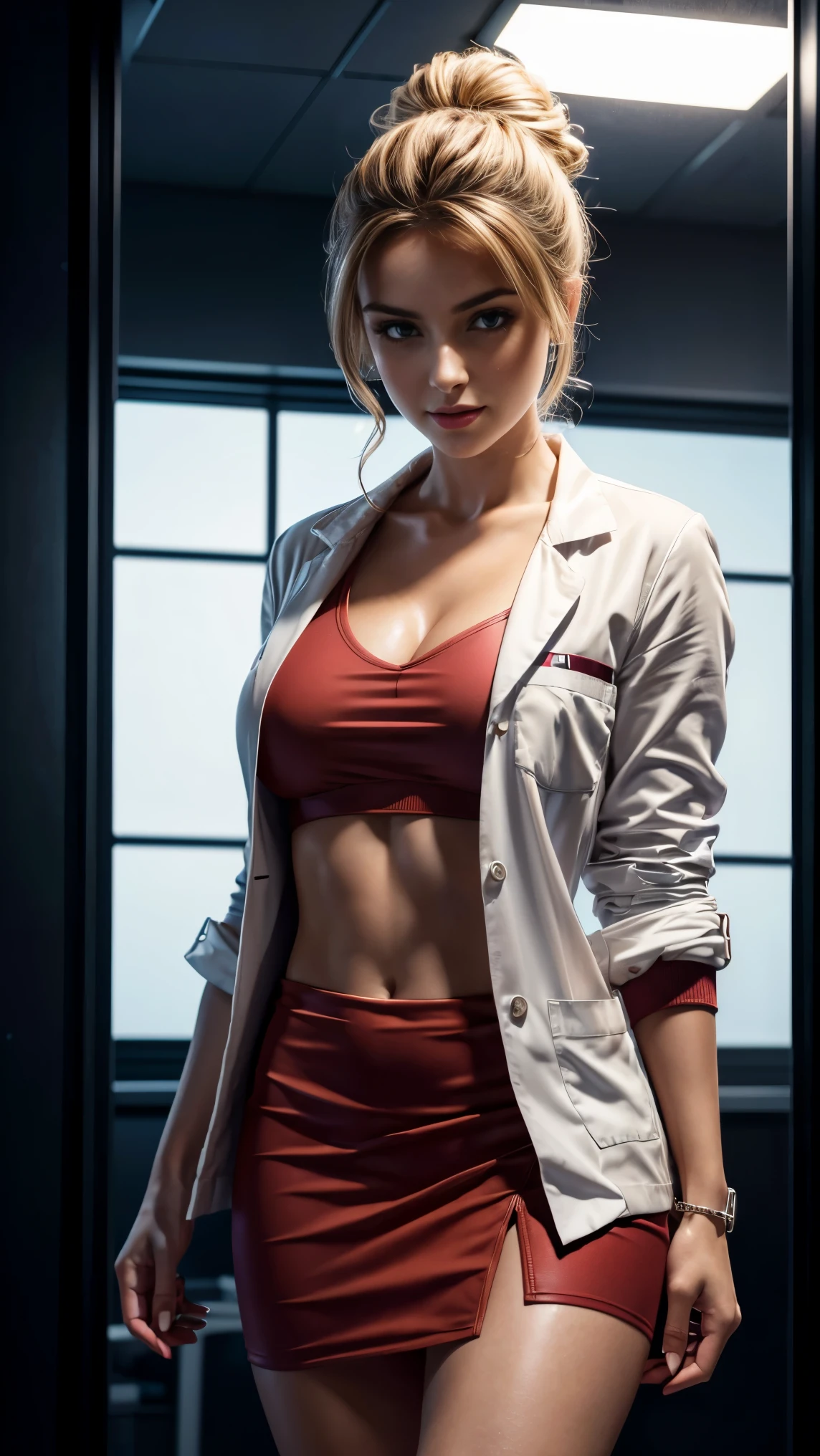 Masterpiece,Game art,The best picture quality,Highest resolution,8K,(A bust photograph),(Portrait),(Head close-up),(Rule of thirds),Unreal Engine 5 rendering works,
20 year old girl,Short hair details,With long bangs,(white hair),red eyes,Elegant and elegant,(Large, full breasts),(Wearing up a white coat,Red suspender open underwear,Green),shut your mouth,serious yet charming,(scholar),photo poses,Sci-fi style laboratory,white room,
Movie lights,Ray tracing,Game CG,((3D Unreal Engine)),OC rendering reflection pattern, masturb