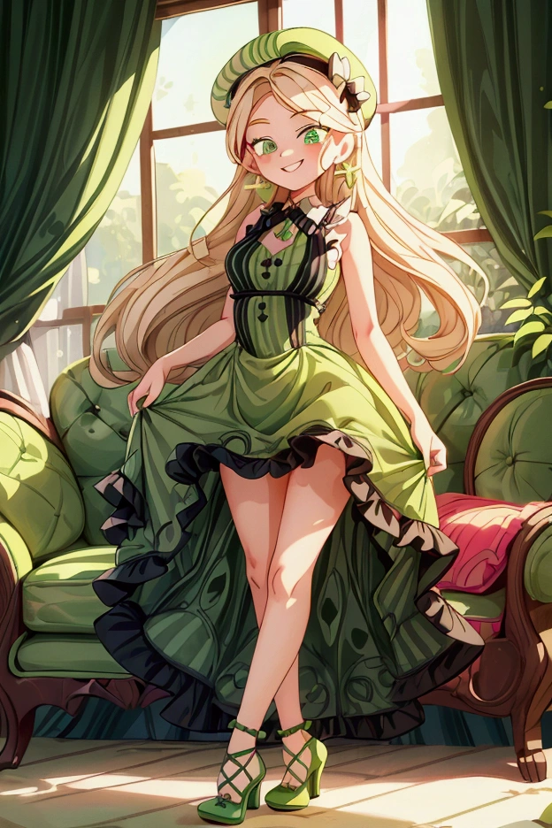 (masterpiece, best quality) 1 girl(Landscape: standing, indoor, intricate detail, sunlight) (Outfit: black and green frilly striped dress, high heels, earrings, beret) (Body: white blonde long hair, green eyes, teen gorgeous body, gorgeous legs, lovely) (Expressions: smiley face, sexy pose, coquette)