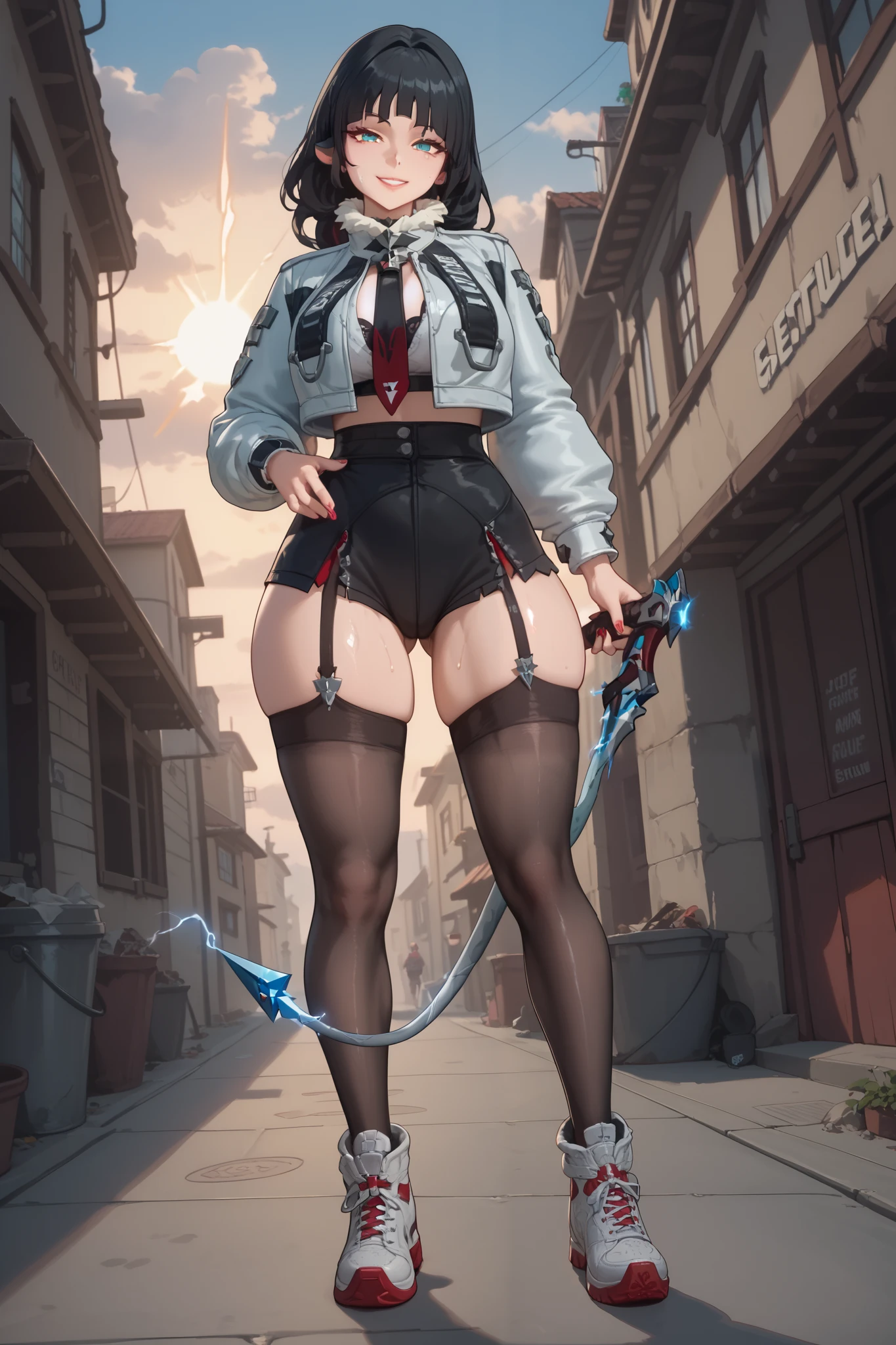 ultra-detailed, 1girl, KJOjane, ((masterpiece)), (best quality), (highres), 16K, perfect face, long hair, black hair, aqua eyes, blunt bangs, tail, mouse ears, animal ears, multicolored hair, red colored tips, jacket, black panties, thighhighs, sneakers, busty body, large breasts and a beautiful ass, showcasing cleavage, legs, hips, holding weapon, looking at viewer, smile, detailed full body, alley background,,,,,,,,(masterpiece), super detailed, highly detailed, 4k, high resolution, best quality, clear image, expressive eyes, expressive face, perfect face, fair skin, pale skin, perfect skin, sweaty skin, big hips, ultra delicate face, delicate eyes, (masterpiece), (best quality), shiny skin, (smile),,,,,,,,,,,,,,,,,,,
, outdoor, sky, clouds, sun, looking at viewer, arrogant smile, absurd, energy, aura, electricity,,,,,,from below