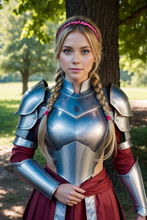 Faith pencil , 1 , Alone,  looking at the spectator, Blush, fringe, shezfe ,  upper body, Braid, hairband,  outdoor,  half-open lips , sky, is, hand up,  pink eyes , Armor,  tree , covered navel ,  blurry background,  hand on own chest , shoulder Armor, side Braid, armor, red Armor