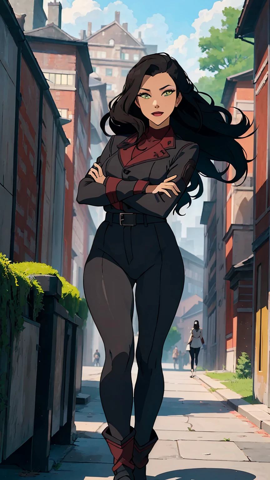 ((photo by full body, standing, Feet on the ground))Asami { masterpiece : best quality : high resolution : unity 8k wallpaper : illustration : beautiful detailed eyes : extremely detailed face : perfect lighting : extremely detailed CG : perfect hands : perfect anatomy } {retro_anime_filter} { outdoor }  { 1girl : Asami_Sato : cute_face :  ( elegant_dark_hair) :   : Perfectly_medium_shaped_breast : Perfectly_fit_body  : sweet_smile : her_usual outfit  } { standing :  }